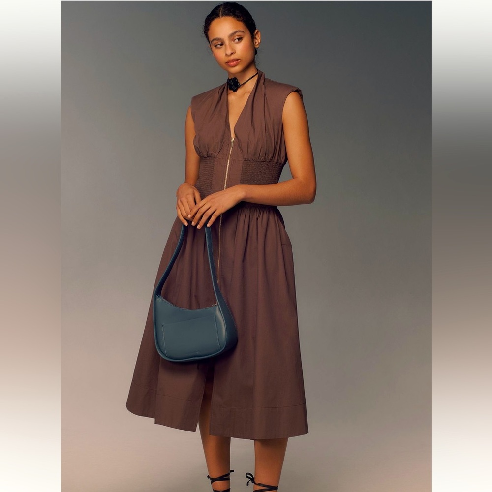 Anthropologie 1X Dress The Tommie Cap Sleeve Smocked Front Zip Shirt Dress